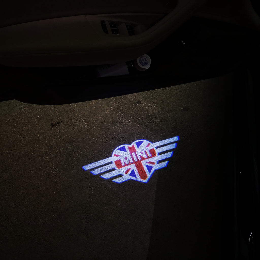 MINI  BRITISH NATIONAL FLAG WITH MINI  LOGO PROJECROTR LIGHTS Nr.10 (quantity  1 =  2 Logo Film /  2 door lights)