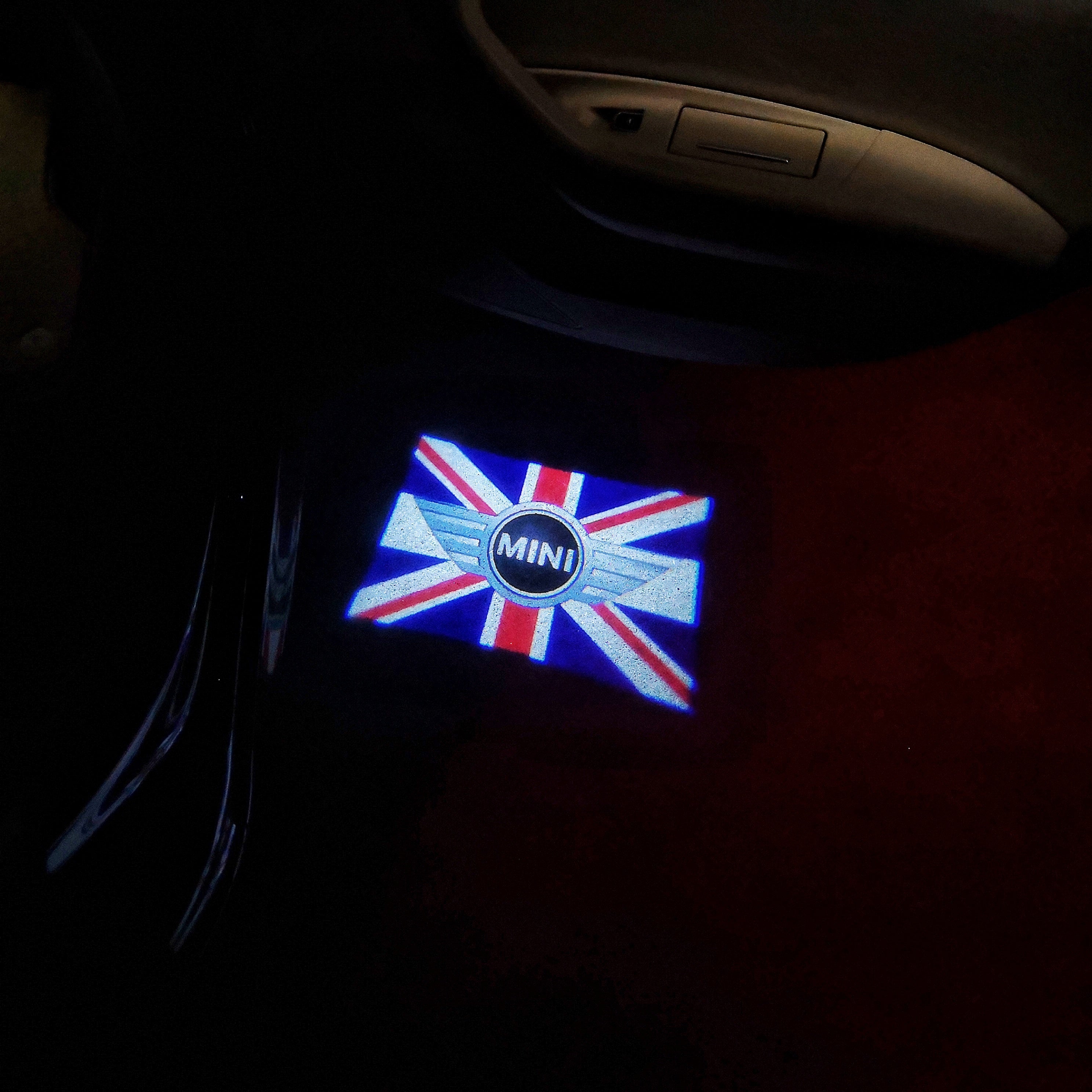 MINI  BRITISH NATIONAL FLAG WITH MINI  LOGO PROJECROTR LIGHTS Nr.09 (quantity  1 =  2 Logo Film /  2 door lights)
