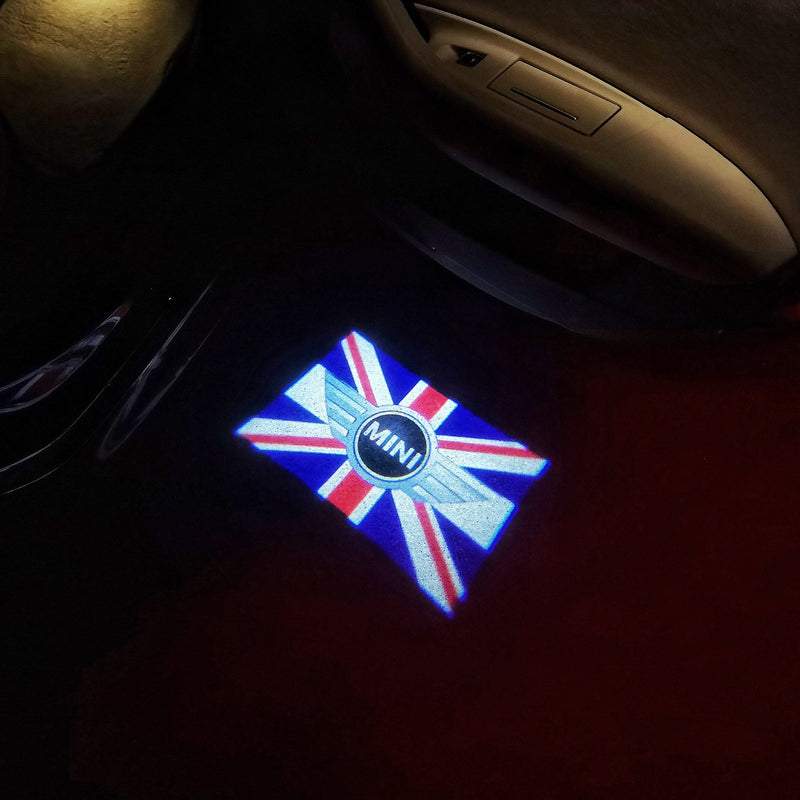 MINI  BRITISH NATIONAL FLAG WITH MINI  LOGO PROJECROTR LIGHTS Nr.09 (quantity  1 =  2 Logo Film /  2 door lights)