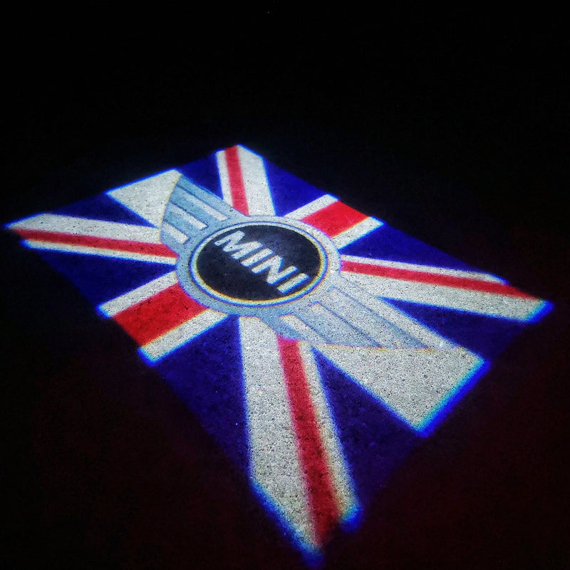 MINI  BRITISH NATIONAL FLAG WITH MINI  LOGO PROJECROTR LIGHTS Nr.09 (quantity  1 =  2 Logo Film /  2 door lights)